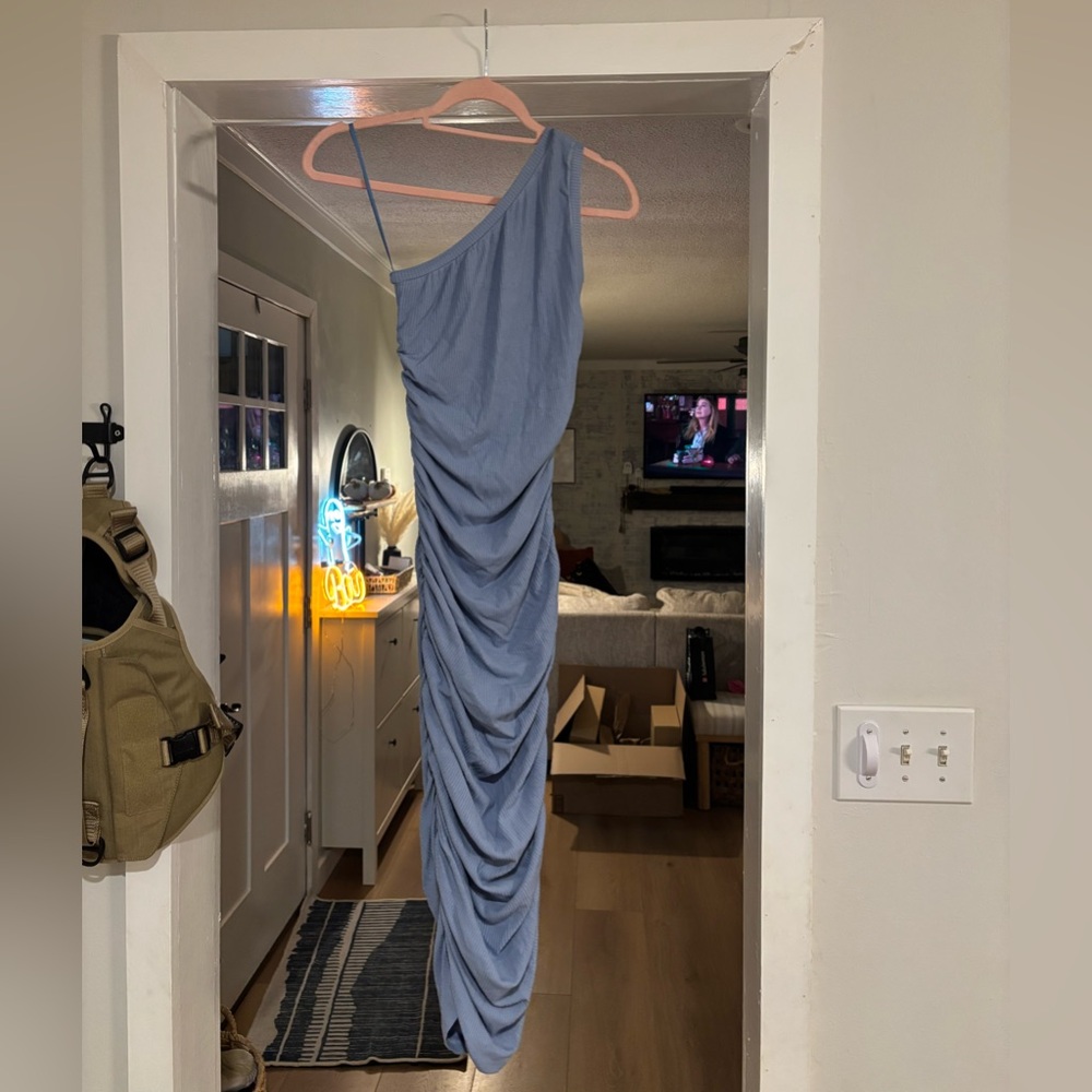 Blue side scrunch body con maxi dress one shoulder